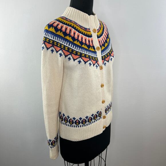 Lands' End Canvas Beige Multicolor Fair Isle Wool Button-Up Mock Neck Sweater XS - Picture 2 of 10
